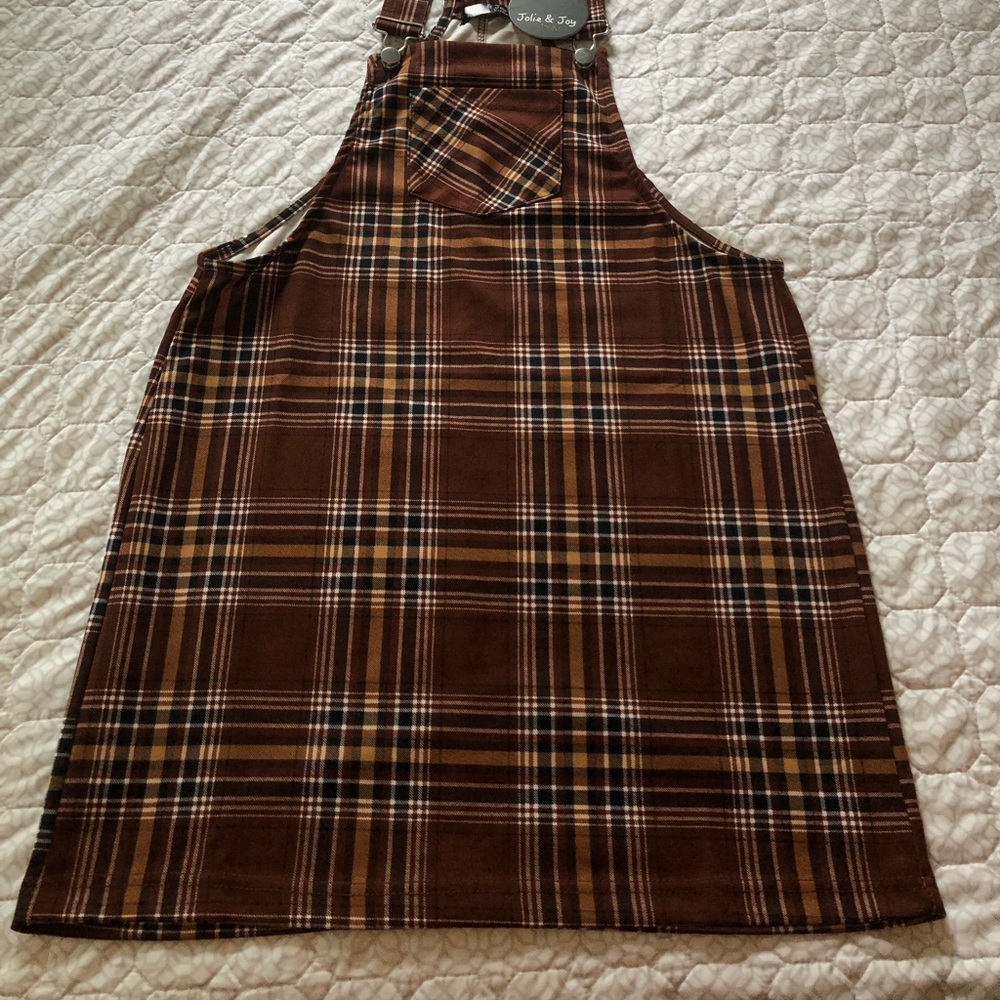 Brown plaid overall dress